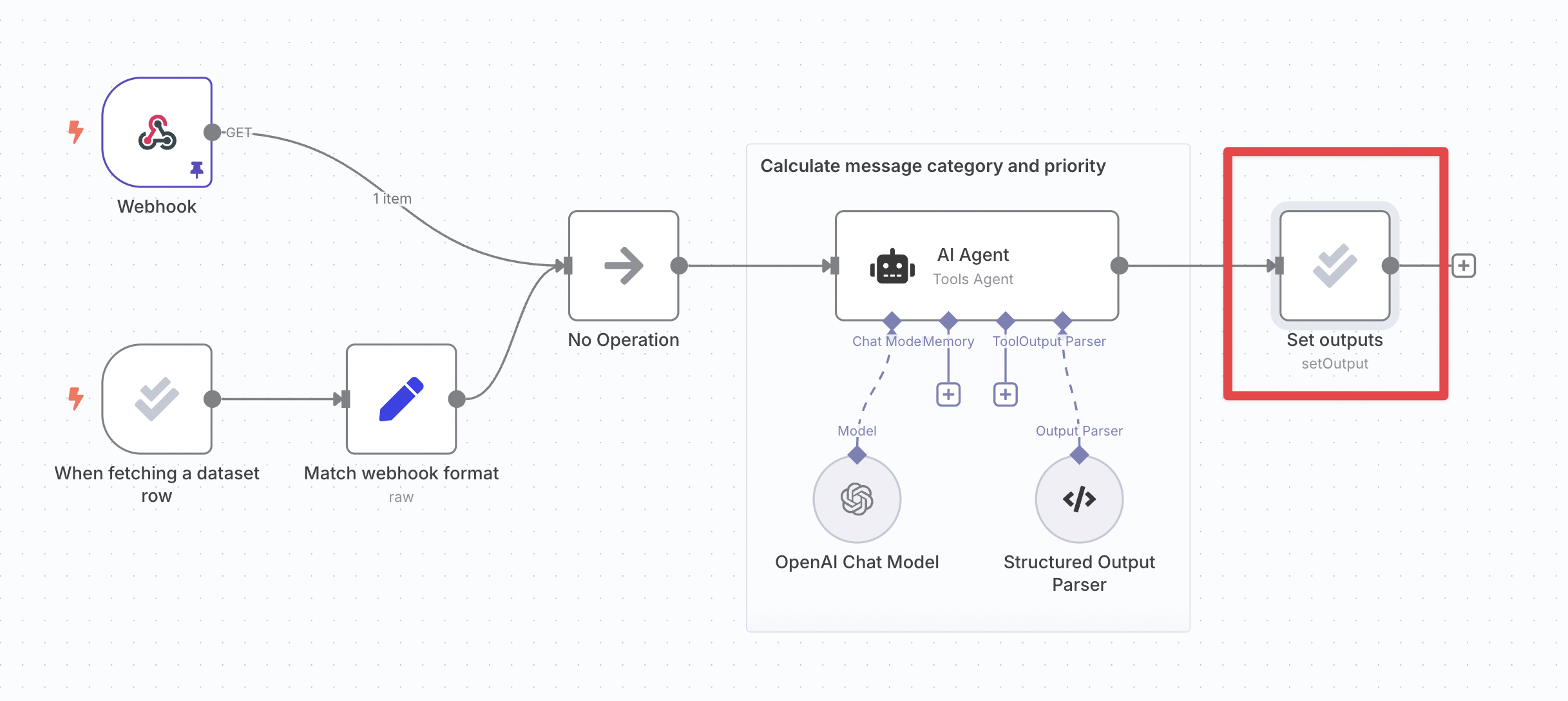 Connecting the set outputs node